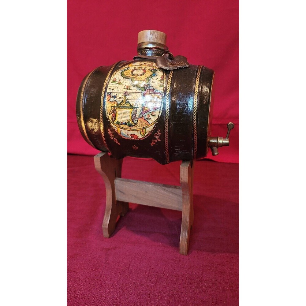 RARE Vtg German Handmade Wood Leather Barrel Keg Whiskey Brandy Liquor Bar Deco